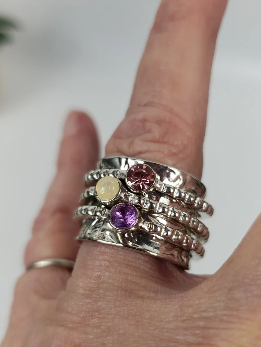 Silver Spinner Ring - 3 Multi-Stack Ring w/ Pink Purple Cream Stones - Hammered